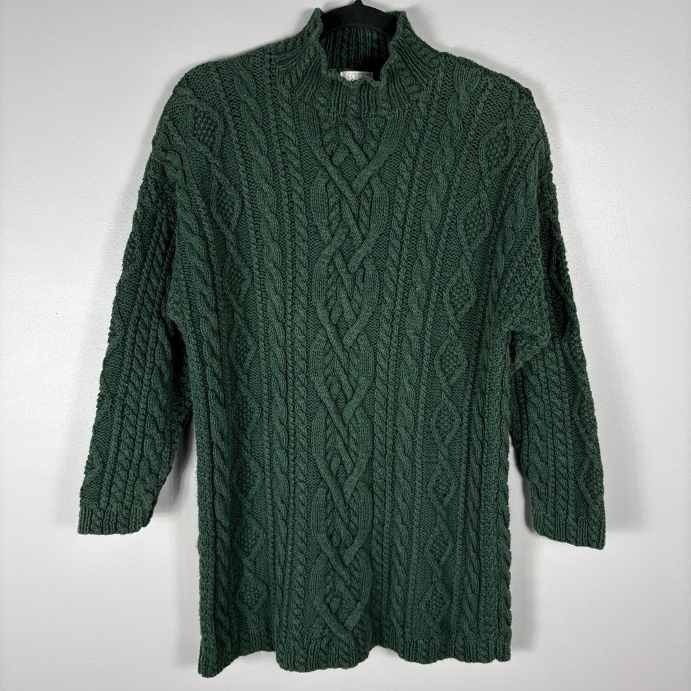 Moda International Green 3/4 Sleeve Chunky Cable Knit Mock Neck Pullover Sweater